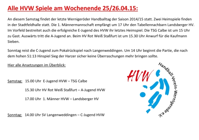 Letzter Wernigeröder Handballtag findet an diesem Samstag statt